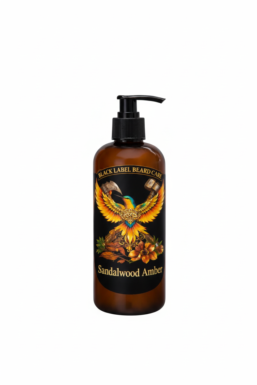 Brown bottle of Black Label Beard Care Sandalwood Amber Beard Wash on a black background