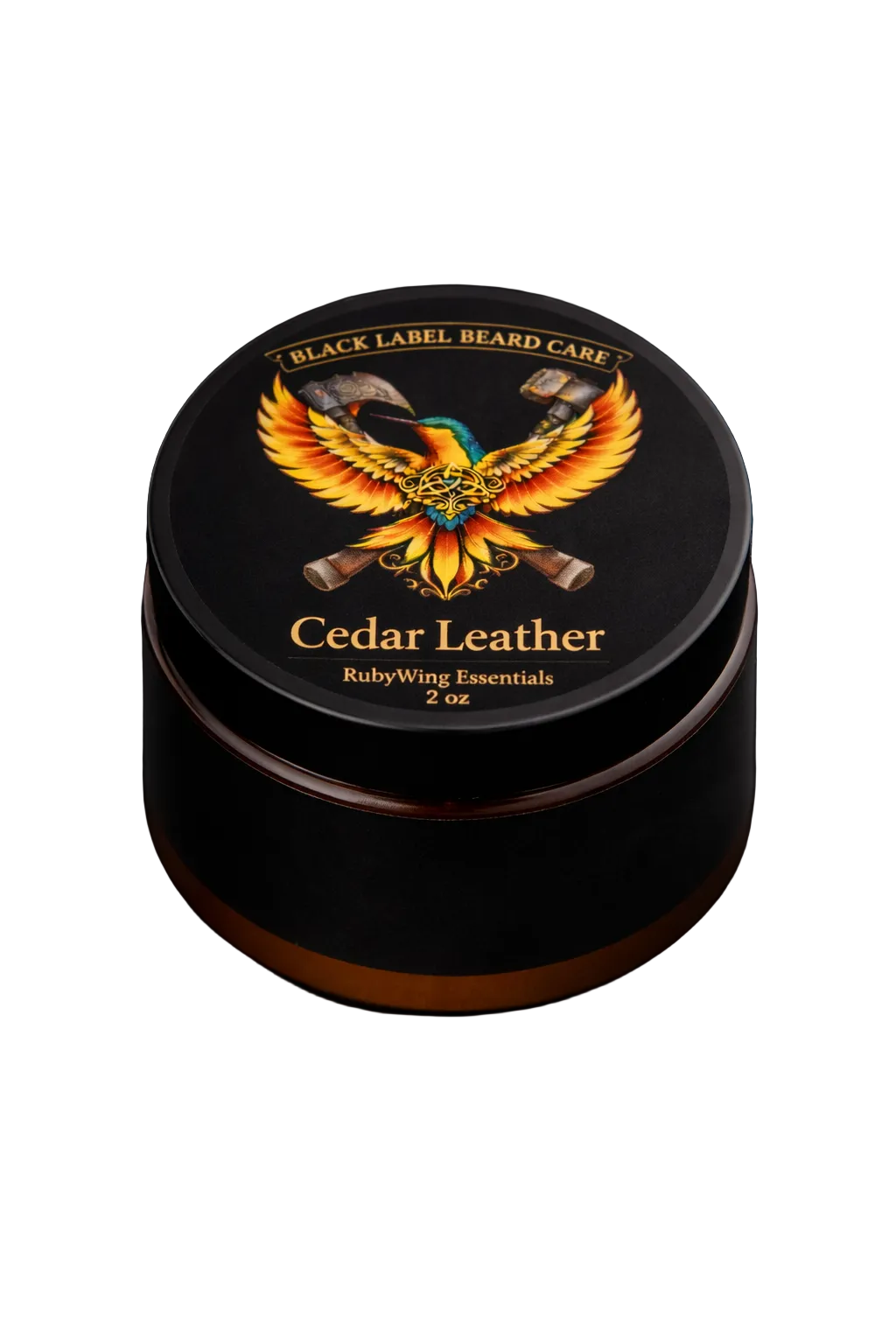 Black container of Black Label Beard Care Cedar Leather on a dark background