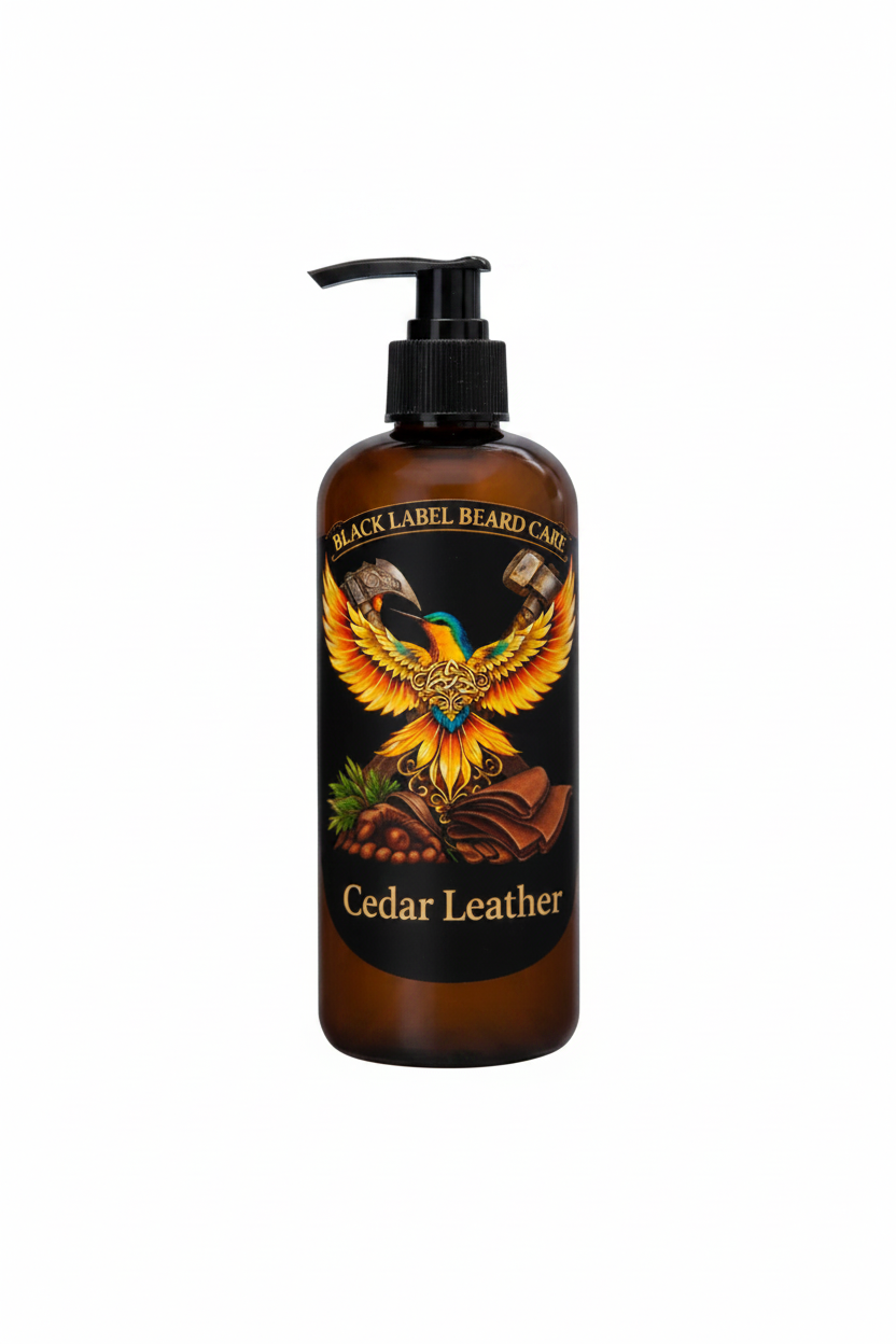 Bottle of Black Label Beard Care Cedar Leather product on a black background