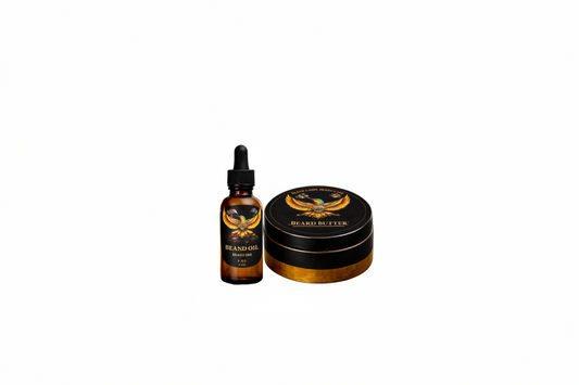 Beard oil bottle and beard butter container with black label featuring an eagle design on a dark background.