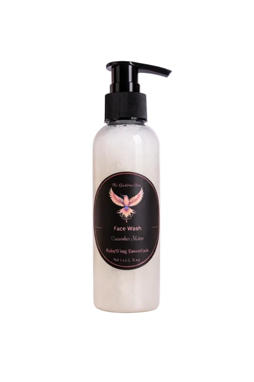 Bottle of Gel Face Wash with a black label on a light purple background