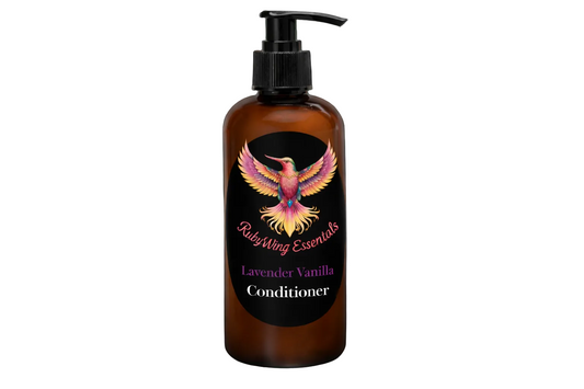 Brown bottle of RubyWing Essentials Lavender Vanilla Conditioner with a colorful label featuring a bird design on a black background.