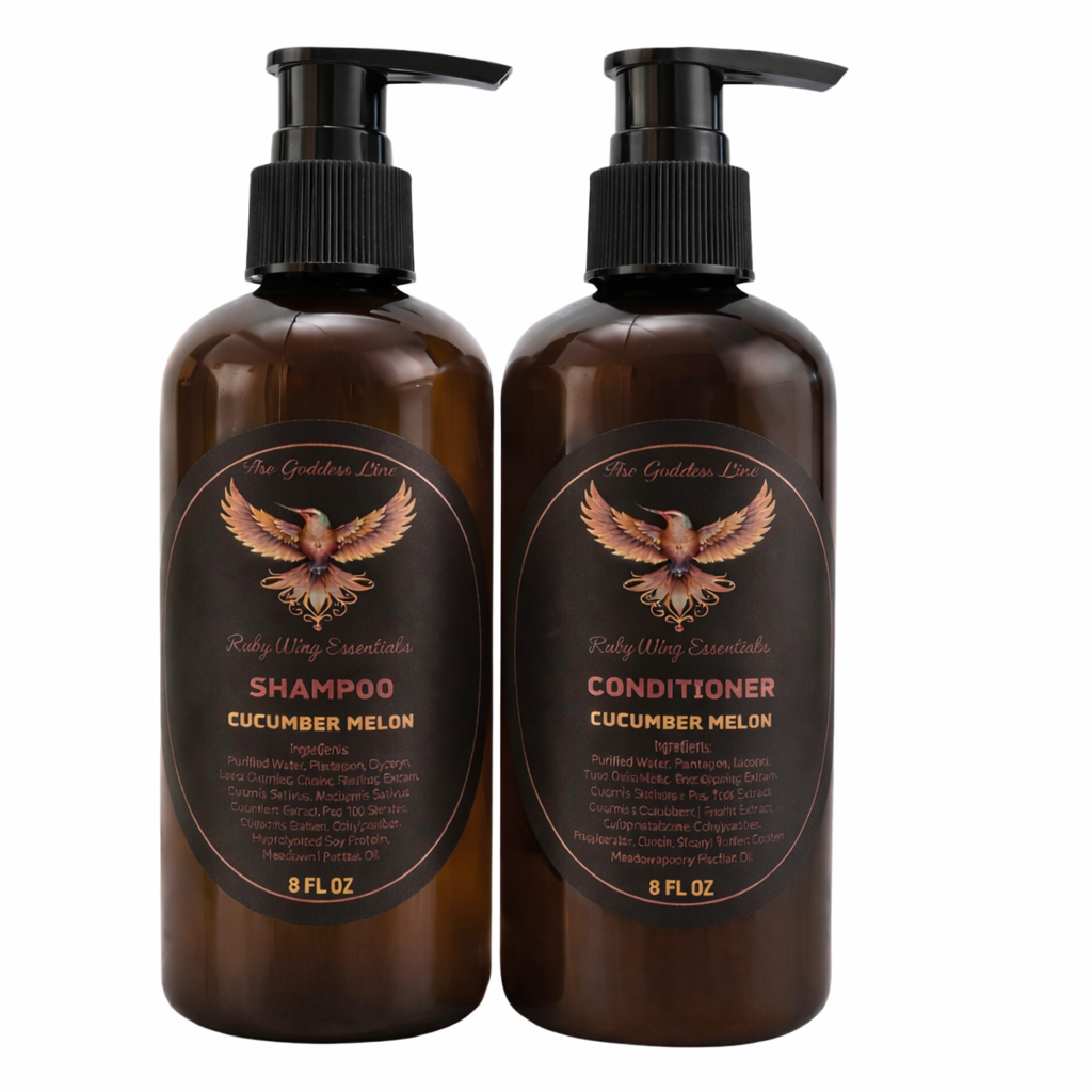 Two brown bottles of RubyWing Essentials Shampoo and Conditioner Bundle with eagle design labels on a white background