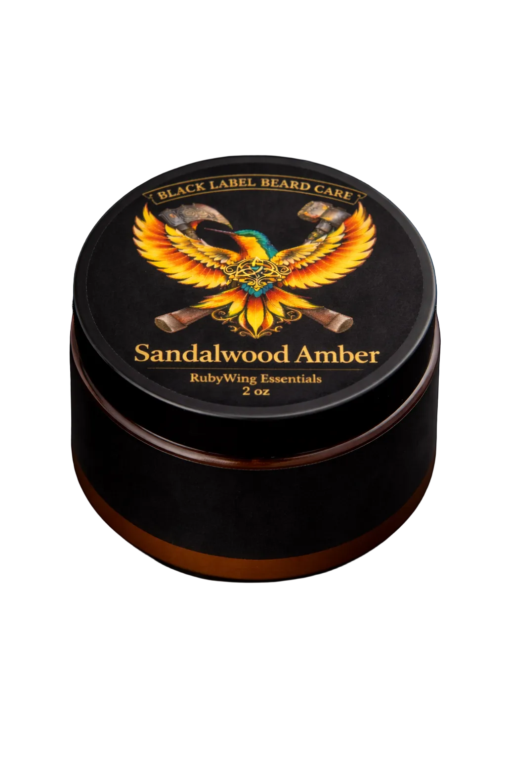 Black container of Sandalwood Amber with a colorful phoenix design on a dark background
