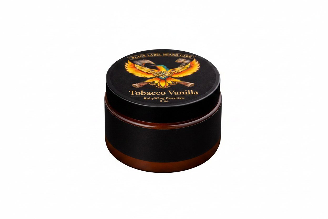 Black container of Tobacco Vanilla Beard Butter with a colorful logo on a black background