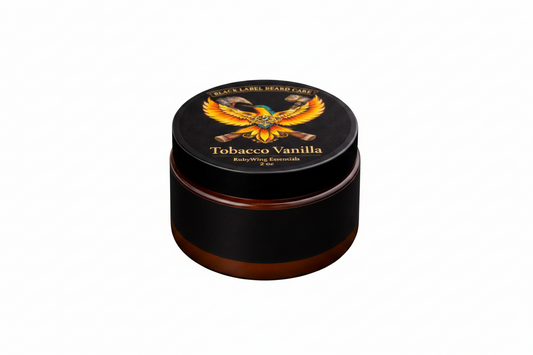 Black container of Tobacco Vanilla Beard Butter with a colorful logo on a black background