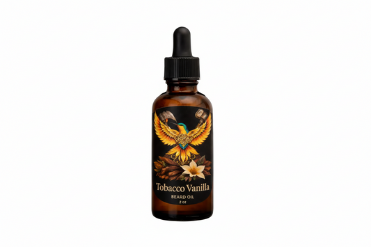 Bottle of Tobacco Vanilla beard oil with a colorful label featuring an eagle and flowers on a black background.
