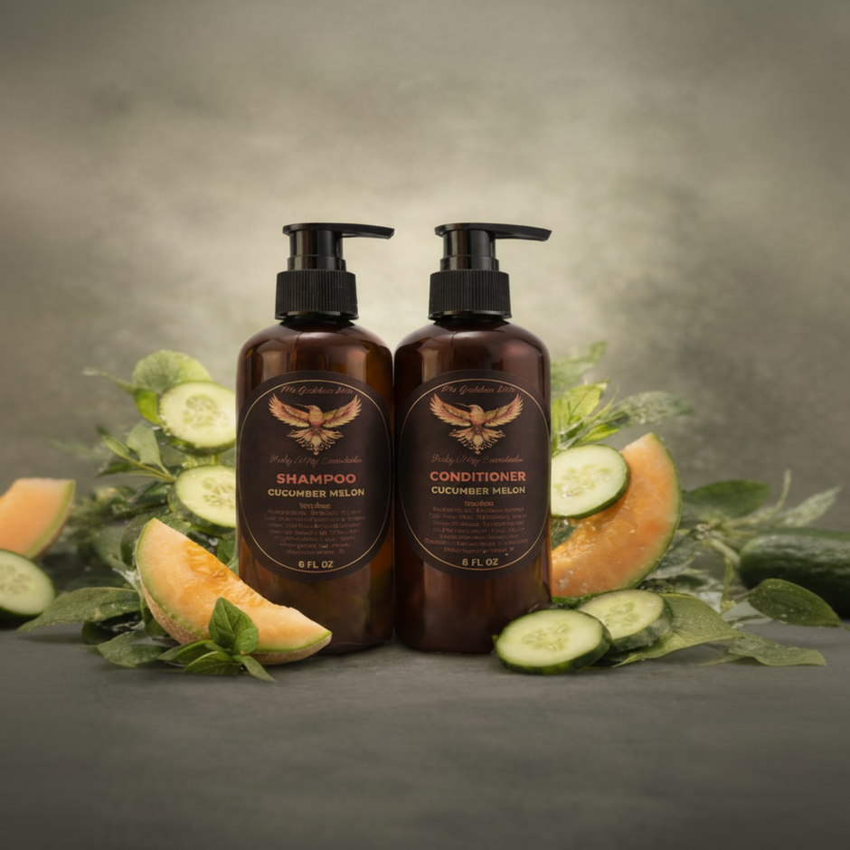 Two brown bottles of shampoo and conditioner with cucumbers and cantaloupe on a gray background